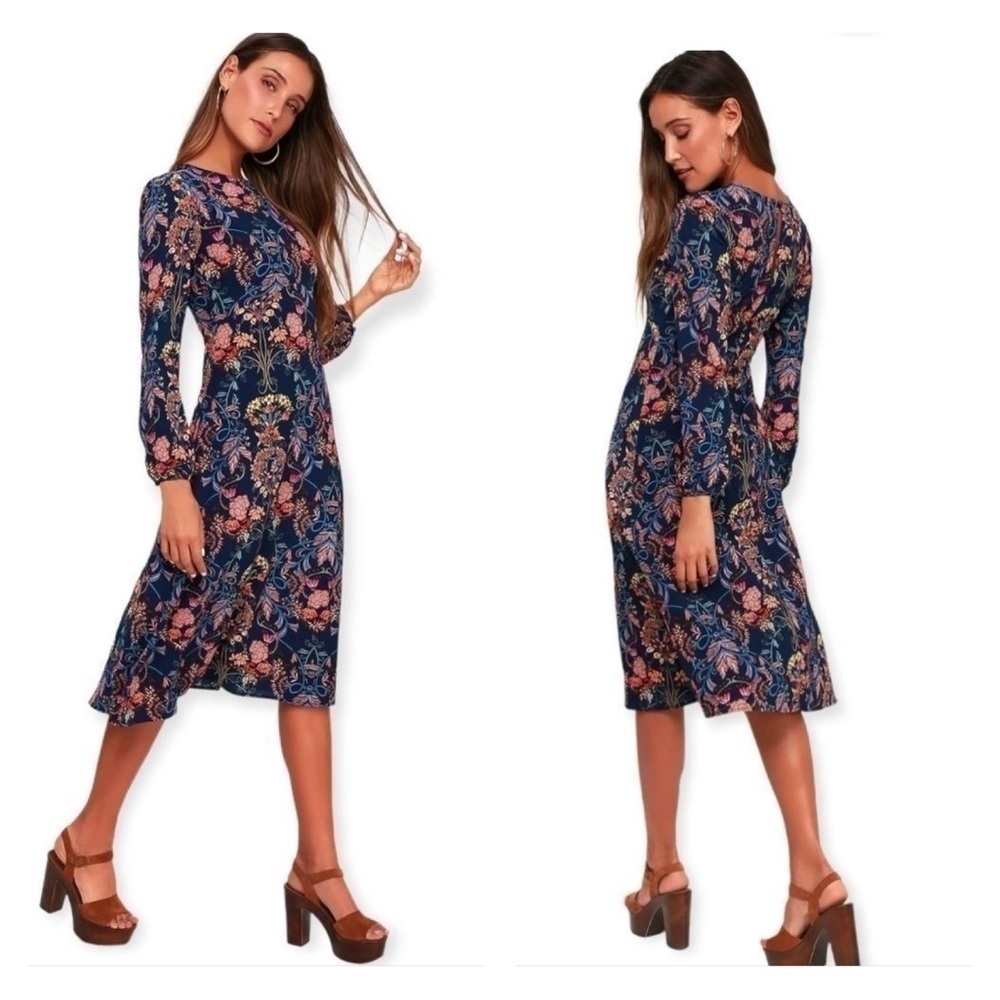 I. MADELINE Garden Splendor Navy Blue Floral Print Dress Medium